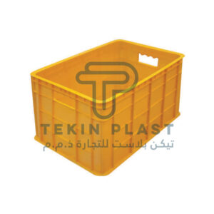 Closed plastic crate measuring 63x43x38 cm, designed for secure storage and transport.