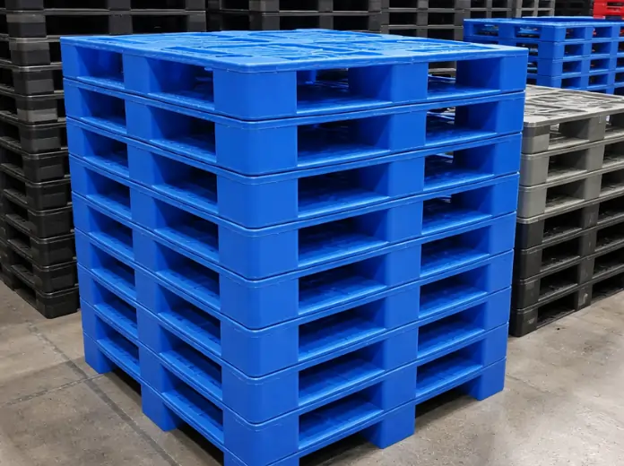 Stack of blue plastic pallets used for warehouse storage and material handling