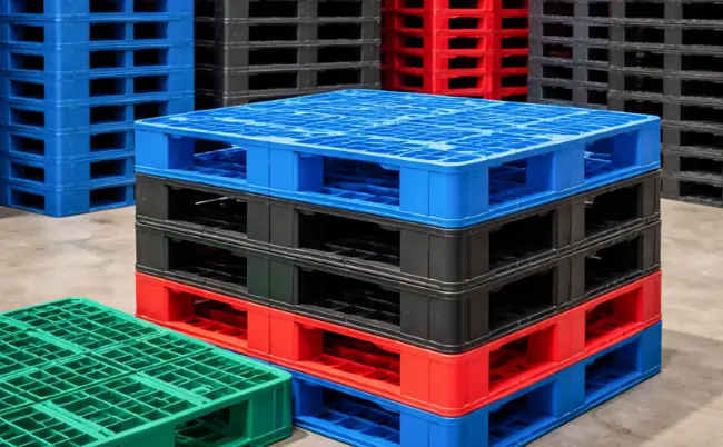 Stacked blue, black, and red plastic pallets used for warehouse storage and material handling