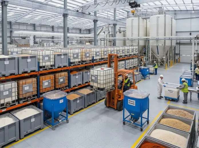 Large warehouse storing food ingredients in bulk containers, with workers and a forklift organizing materials.