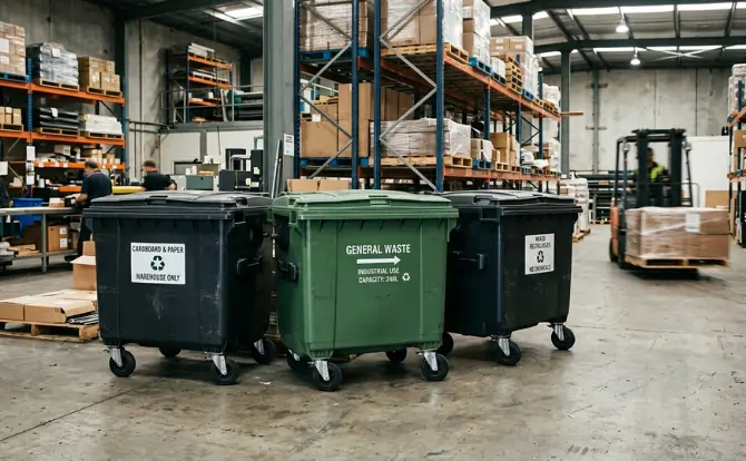 Different types of industrial garbage bins showing cost variations in a warehouse