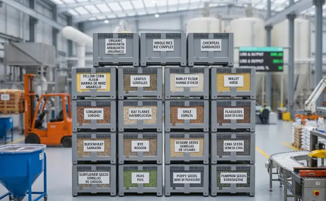 Stacked containers labeled with grains, seeds, and flours in a food processing warehouse.