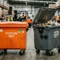 Orange recycling bin and gray general waste garbage bin in warehouse showing cost differences