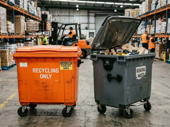 Orange recycling bin and gray general waste garbage bin in warehouse showing cost differences